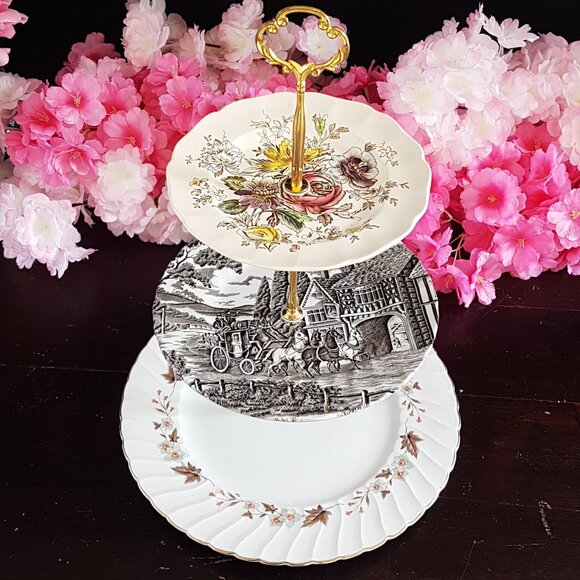 Handmade 3-Tier Cake Stand in Autumn Browns Thanksgiving Dessert Serving Tray - Picture 1 of 12
